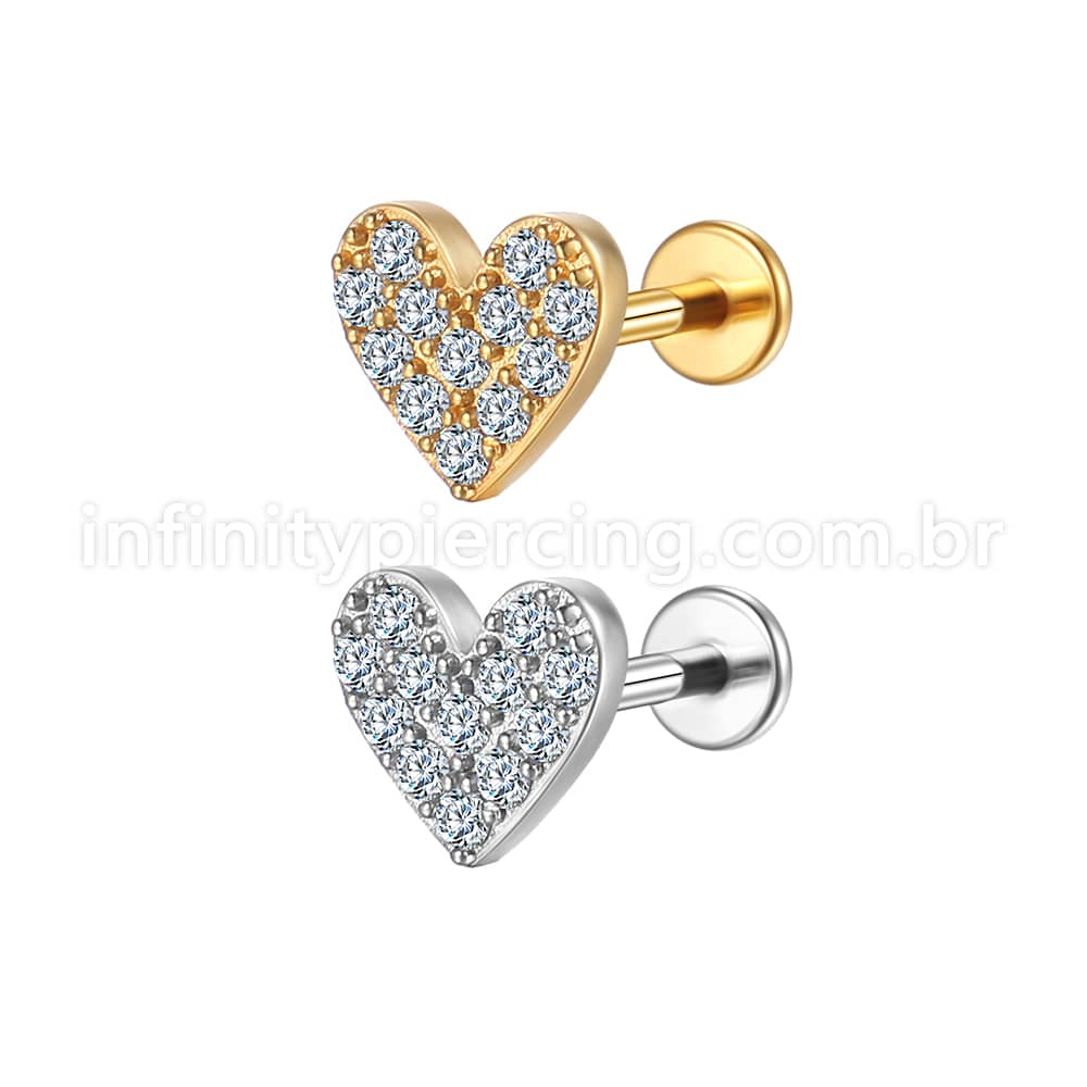 Piercing Labret Aço Cirúrgico Coração Zircônia Cravejada